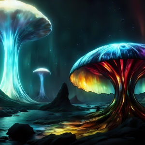 A vibrant and detailed fantasy photograph of an alien planet. Where every element appears meticulously crafted from iridescent stained glass. From a cave system, dominated by towering crystals, giant bioluminescent mushrooms, in all shapes and sizes, that glow in vibrant iridescent colors. A stream of iridescent blue water, flows down the center of the cave from a waterfall, off in the distance. The alien flora, vibrantly colored, attracting alien insects, like nothing you've ever seen. Glow worms hang down from the ceiling, emitting the entire spectrum of the rainbow in colors, they seem to dance and blend as if they are connected. Outside the cave system, the sky shimmers with a breathtaking aurora borealis that fills the sky, creating a cosmic spectacle of galaxies, nebulae, and radiant starlight, in this nighttime landscape.