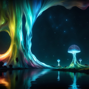 A vibrant and detailed fantasy photograph of an alien planet. Where every element appears meticulously crafted from iridescent stained glass. From a cave system, dominated by towering crystals, giant bioluminescent mushrooms, in all shapes and sizes, that glow in vibrant iridescent colors. A stream of iridescent blue water, flows down the center of the cave from a waterfall, off in the distance. The alien flora, vibrantly colored, attracting alien insects, like nothing you've ever seen. Glow worms hang down from the ceiling, emitting the entire spectrum of the rainbow in colors, they seem to dance and blend as if they are connected. Outside the cave system, the sky shimmers with a breathtaking aurora borealis that fills the sky, creating a cosmic spectacle of galaxies, nebulae, and radiant starlight, in this nighttime landscape.