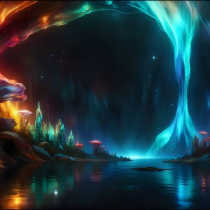 A vibrant and detailed fantasy photograph of an alien planet. Where every element appears meticulously crafted from iridescent stained glass. From a cave system, dominated by towering crystals, giant bioluminescent mushrooms, in all shapes and sizes, that glow in vibrant iridescent colors. A stream of iridescent blue water, flows down the center of the cave from a waterfall, off in the distance. The alien flora, vibrantly colored, attracting alien insects, like nothing you've ever seen. Glow worms hang down from the ceiling, emitting the entire spectrum of the rainbow in colors, they seem to dance and blend as if they are connected. Outside the cave system, the sky shimmers with a breathtaking aurora borealis that fills the sky, creating a cosmic spectacle of galaxies, nebulae, and radiant starlight, in this nighttime landscape.