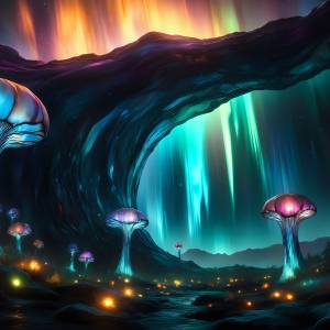 A vibrant and detailed fantasy photograph of an alien planet. Where every element appears meticulously crafted from iridescent stained glass. From a cave system, dominated by towering crystals, giant bioluminescent mushrooms, in all shapes and sizes, that glow in vibrant iridescent colors. A stream of iridescent blue water, flows down the center of the cave from a waterfall, off in the distance. The alien flora, vibrantly colored, attracting alien insects, like nothing you've ever seen. Glow worms hang down from the ceiling, emitting the entire spectrum of the rainbow in colors, they seem to dance and blend as if they are connected. Outside the cave system, the sky shimmers with a breathtaking aurora borealis that fills the sky, creating a cosmic spectacle of galaxies, nebulae, and radiant starlight, in this nighttime landscape.