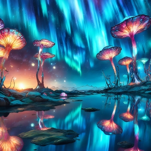 A vibrant and detailed fantasy photograph of an alien planet. Where every element appears meticulously crafted from iridescent stained glass. From a cave system, dominated by towering crystals, giant bioluminescent mushrooms, in all shapes and sizes, that glow in vibrant iridescent colors. A stream of iridescent blue water, flows down the center of the cave from a waterfall, off in the distance. The alien flora, vibrantly colored, attracting alien insects, like nothing you've ever seen. Glow worms hang down from the ceiling, emitting the entire spectrum of the rainbow in colors, they seem to dance and blend as if they are connected. Outside the cave system, the sky shimmers with a breathtaking aurora borealis that fills the sky, creating a cosmic spectacle of galaxies, nebulae, and radiant starlight, in this nighttime landscape.
