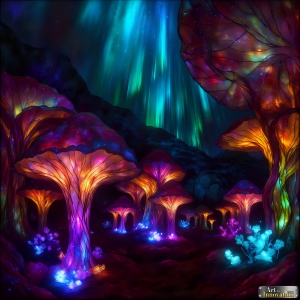 A vibrant and detailed fantasy photograph of an alien planet. Where every element appears meticulously crafted from iridescent stained glass. From a cave system, dominated by towering crystals, giant bioluminescent mushrooms, in all shapes and sizes, that glow in vibrant iridescent colors. A stream of iridescent blue water, flows down the center of the cave from a waterfall, off in the distance. The alien flora, vibrantly colored, attracting alien insects, like nothing you've ever seen. Glow worms hang down from the ceiling, emitting the entire spectrum of the rainbow in colors, they seem to dance and blend as if they are connected. Outside the cave system, the sky shimmers with a breathtaking aurora borealis that fills the sky, creating a cosmic spectacle of galaxies, nebulae, and radiant starlight, in this nighttime landscape.