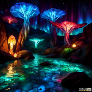 A vibrant and detailed fantasy photograph of an alien planet. Where every element appears meticulously crafted from iridescent stained glass. From a cave system, dominated by towering crystals, giant bioluminescent mushrooms, in all shapes and sizes, that glow in vibrant iridescent colors. A stream of iridescent blue water, flows down the center of the cave from a waterfall, off in the distance. The alien flora, vibrantly colored, attracting alien insects, like nothing you've ever seen. Glow worms hang down from the ceiling, emitting the entire spectrum of the rainbow in colors, they seem to dance and blend as if they are connected. Outside the cave system, the sky shimmers with a breathtaking aurora borealis that fills the sky, creating a cosmic spectacle of galaxies, nebulae, and radiant starlight, in this nighttime landscape.