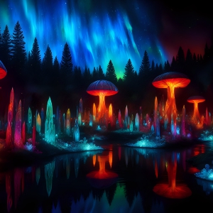 A vibrant and detailed fantasy photograph of an alien planet. Where every element appears meticulously crafted from iridescent stained glass. From a cave system, dominated by towering crystals, giant bioluminescent mushrooms, in all shapes and sizes, that glow in vibrant iridescent colors. A stream of iridescent blue water, flows down the center of the cave from a waterfall, off in the distance. The alien flora, vibrantly colored, attracting alien insects, like nothing you've ever seen. Glow worms hang down from the ceiling, emitting the entire spectrum of the rainbow in colors, they seem to dance and blend as if they are connected. Outside the cave system, the sky shimmers with a breathtaking aurora borealis that fills the sky, creating a cosmic spectacle of galaxies, nebulae, and radiant starlight, in this nighttime landscape.