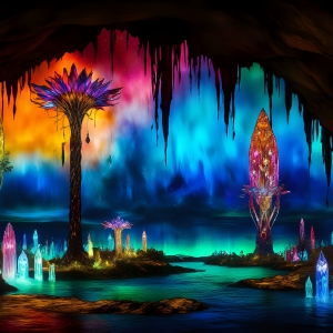 A vibrant and detailed fantasy photograph of an alien planet. Where every element appears meticulously crafted from iridescent stained glass. From a cave system, dominated by towering crystals, giant bioluminescent mushrooms, in all shapes and sizes, that glow in vibrant iridescent colors. A stream of iridescent blue water, flows down the center of the cave from a waterfall, off in the distance. The alien flora, vibrantly colored, attracting alien insects, like nothing you've ever seen. Glow worms hang down from the ceiling, emitting the entire spectrum of the rainbow in colors, they seem to dance and blend as if they are connected. Outside the cave system, the sky shimmers with a breathtaking aurora borealis that fills the sky, creating a cosmic spectacle of galaxies, nebulae, and radiant starlight, in this nighttime landscape.