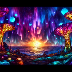 A vibrant and detailed fantasy photograph of an alien planet. Where every element appears meticulously crafted from iridescent stained glass. From a cave system, dominated by towering crystals, giant bioluminescent mushrooms, in all shapes and sizes, that glow in vibrant iridescent colors. A stream of iridescent blue water, flows down the center of the cave from a waterfall, off in the distance. The alien flora, vibrantly colored, attracting alien insects, like nothing you've ever seen. Glow worms hang down from the ceiling, emitting the entire spectrum of the rainbow in colors, they seem to dance and blend as if they are connected. Outside the cave system, the sky shimmers with a breathtaking aurora borealis that fills the sky, creating a cosmic spectacle of galaxies, nebulae, and radiant starlight, in this nighttime landscape.