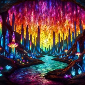 A vibrant and detailed fantasy photograph of an alien planet. Where every element appears meticulously crafted from iridescent stained glass. From a cave system, dominated by towering crystals, giant bioluminescent mushrooms, in all shapes and sizes, that glow in vibrant iridescent colors. A stream of iridescent blue water, flows down the center of the cave from a waterfall, off in the distance. The alien flora, vibrantly colored, attracting alien insects, like nothing you've ever seen. Glow worms hang down from the ceiling, emitting the entire spectrum of the rainbow in colors, they seem to dance and blend as if they are connected. Outside the cave system, the sky shimmers with a breathtaking aurora borealis that fills the sky, creating a cosmic spectacle of galaxies, nebulae, and radiant starlight, in this nighttime landscape.