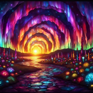 A vibrant and detailed fantasy photograph of an alien planet. Where every element appears meticulously crafted from iridescent stained glass. From a cave system, dominated by towering crystals, giant bioluminescent mushrooms, in all shapes and sizes, that glow in vibrant iridescent colors. A stream of iridescent blue water, flows down the center of the cave from a waterfall, off in the distance. The alien flora, vibrantly colored, attracting alien insects, like nothing you've ever seen. Glow worms hang down from the ceiling, emitting the entire spectrum of the rainbow in colors, they seem to dance and blend as if they are connected. Outside the cave system, the sky shimmers with a breathtaking aurora borealis that fills the sky, creating a cosmic spectacle of galaxies, nebulae, and radiant starlight, in this nighttime landscape.