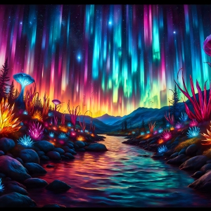 A vibrant and detailed fantasy photograph of an alien planet. Where every element appears meticulously crafted from iridescent stained glass. From a cave system, dominated by towering crystals, giant bioluminescent mushrooms, in all shapes and sizes, that glow in vibrant iridescent colors. A stream of iridescent blue water, flows down the center of the cave from a waterfall, off in the distance. The alien flora, vibrantly colored, attracting alien insects, like nothing you've ever seen. Glow worms hang down from the ceiling, emitting the entire spectrum of the rainbow in colors, they seem to dance and blend as if they are connected. Outside the cave system, the sky shimmers with a breathtaking aurora borealis that fills the sky, creating a cosmic spectacle of galaxies, nebulae, and radiant starlight, in this nighttime landscape.