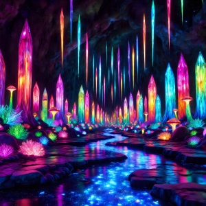 A vibrant and detailed fantasy photograph of an alien planet. Where every element appears meticulously crafted from iridescent stained glass. From a cave system, dominated by towering crystals, giant bioluminescent mushrooms, in all shapes and sizes, that glow in vibrant iridescent colors. A stream of iridescent blue water, flows down the center of the cave from a waterfall, off in the distance. The alien flora, vibrantly colored, attracting alien insects, like nothing you've ever seen. Glow worms hang down from the ceiling, emitting the entire spectrum of the rainbow in colors, they seem to dance and blend as if they are connected. Outside the cave system, the sky shimmers with a breathtaking aurora borealis that fills the sky, creating a cosmic spectacle of galaxies, nebulae, and radiant starlight, in this nighttime landscape.