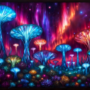 A vibrant and detailed fantasy photograph of an alien planet. Where every element appears meticulously crafted from iridescent stained glass. From a cave system, dominated by towering crystals, giant bioluminescent mushrooms, in all shapes and sizes, that glow in vibrant iridescent colors. A stream of iridescent blue water, flows down the center of the cave from a waterfall, off in the distance. The alien flora, vibrantly colored, attracting alien insects, like nothing you've ever seen. Glow worms hang down from the ceiling, emitting the entire spectrum of the rainbow in colors, they seem to dance and blend as if they are connected. Outside the cave system, the sky shimmers with a breathtaking aurora borealis that fills the sky, creating a cosmic spectacle of galaxies, nebulae, and radiant starlight, in this nighttime landscape.