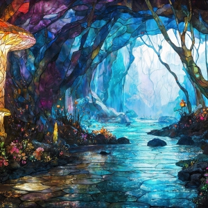 A vibrant and detailed fantasy photograph of an alien planet. Where every element appears meticulously crafted from iridescent stained glass. From a cave system, dominated by towering crystals, giant bioluminescent mushrooms, in all shapes and sizes, that glow in vibrant iridescent colors. A stream of iridescent blue water, flows down the center of the cave from a waterfall, off in the distance. The alien flora, vibrantly colored, attracting alien insects, like nothing you've ever seen. Glow worms hang down from the ceiling, emitting the entire spectrum of the rainbow in colors, they seem to dance and blend as if they are connected. Outside the cave system, the sky shimmers with a breathtaking aurora borealis that fills the sky, creating a cosmic spectacle of galaxies, nebulae, and radiant starlight, in this nighttime landscape.