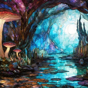 A vibrant and detailed fantasy photograph of an alien planet. Where every element appears meticulously crafted from iridescent stained glass. From a cave system, dominated by towering crystals, giant bioluminescent mushrooms, in all shapes and sizes, that glow in vibrant iridescent colors. A stream of iridescent blue water, flows down the center of the cave from a waterfall, off in the distance. The alien flora, vibrantly colored, attracting alien insects, like nothing you've ever seen. Glow worms hang down from the ceiling, emitting the entire spectrum of the rainbow in colors, they seem to dance and blend as if they are connected. Outside the cave system, the sky shimmers with a breathtaking aurora borealis that fills the sky, creating a cosmic spectacle of galaxies, nebulae, and radiant starlight, in this nighttime landscape.