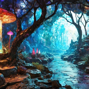 A vibrant and detailed fantasy photograph of an alien planet. Where every element appears meticulously crafted from iridescent stained glass. From a cave system, dominated by towering crystals, giant bioluminescent mushrooms, in all shapes and sizes, that glow in vibrant iridescent colors. A stream of iridescent blue water, flows down the center of the cave from a waterfall, off in the distance. The alien flora, vibrantly colored, attracting alien insects, like nothing you've ever seen. Glow worms hang down from the ceiling, emitting the entire spectrum of the rainbow in colors, they seem to dance and blend as if they are connected. Outside the cave system, the sky shimmers with a breathtaking aurora borealis that fills the sky, creating a cosmic spectacle of galaxies, nebulae, and radiant starlight, in this nighttime landscape.