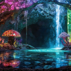 A vibrant and detailed fantasy photograph of an alien planet. Where every element appears meticulously crafted from iridescent stained glass. From a cave system, dominated by towering crystals, giant bioluminescent mushrooms, in all shapes and sizes, that glow in vibrant iridescent colors. A stream of iridescent blue water, flows down the center of the cave from a waterfall, off in the distance. The alien flora, vibrantly colored, attracting alien insects, like nothing you've ever seen. Glow worms hang down from the ceiling, emitting the entire spectrum of the rainbow in colors, they seem to dance and blend as if they are connected. Outside the cave system, the sky shimmers with a breathtaking aurora borealis that fills the sky, creating a cosmic spectacle of galaxies, nebulae, and radiant starlight, in this nighttime landscape.
