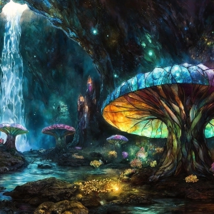 A vibrant and detailed fantasy photograph of an alien planet. Where every element appears meticulously crafted from iridescent stained glass. From a cave system, dominated by towering crystals, giant bioluminescent mushrooms, in all shapes and sizes, that glow in vibrant iridescent colors. A stream of iridescent blue water, flows down the center of the cave from a waterfall, off in the distance. The alien flora, vibrantly colored, attracting alien insects, like nothing you've ever seen. Glow worms hang down from the ceiling, emitting the entire spectrum of the rainbow in colors, they seem to dance and blend as if they are connected. Outside the cave system, the sky shimmers with a breathtaking aurora borealis that fills the sky, creating a cosmic spectacle of galaxies, nebulae, and radiant starlight, in this nighttime landscape.