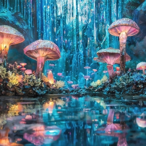 A vibrant and detailed fantasy photograph of an alien planet. Where every element appears meticulously crafted from iridescent stained glass. From a cave system, dominated by towering crystals, giant bioluminescent mushrooms, in all shapes and sizes, that glow in vibrant iridescent colors. A stream of iridescent blue water, flows down the center of the cave from a waterfall, off in the distance. The alien flora, vibrantly colored, attracting alien insects, like nothing you've ever seen. Glow worms hang down from the ceiling, emitting the entire spectrum of the rainbow in colors, they seem to dance and blend as if they are connected. Outside the cave system, the sky shimmers with a breathtaking aurora borealis that fills the sky, creating a cosmic spectacle of galaxies, nebulae, and radiant starlight, in this nighttime landscape.