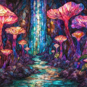 A vibrant and detailed fantasy photograph of an alien planet. Where every element appears meticulously crafted from iridescent stained glass. From a cave system, dominated by towering crystals, giant bioluminescent mushrooms, in all shapes and sizes, that glow in vibrant iridescent colors. A stream of iridescent blue water, flows down the center of the cave from a waterfall, off in the distance. The alien flora, vibrantly colored, attracting alien insects, like nothing you've ever seen. Glow worms hang down from the ceiling, emitting the entire spectrum of the rainbow in colors, they seem to dance and blend as if they are connected. Outside the cave system, the sky shimmers with a breathtaking aurora borealis that fills the sky, creating a cosmic spectacle of galaxies, nebulae, and radiant starlight, in this nighttime landscape.