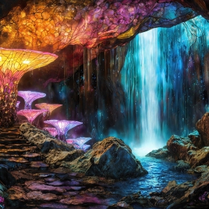 A vibrant and detailed fantasy photograph of an alien planet. Where every element appears meticulously crafted from iridescent stained glass. From a cave system, dominated by towering crystals, giant bioluminescent mushrooms, in all shapes and sizes, that glow in vibrant iridescent colors. A stream of iridescent blue water, flows down the center of the cave from a waterfall, off in the distance. The alien flora, vibrantly colored, attracting alien insects, like nothing you've ever seen. Glow worms hang down from the ceiling, emitting the entire spectrum of the rainbow in colors, they seem to dance and blend as if they are connected. Outside the cave system, the sky shimmers with a breathtaking aurora borealis that fills the sky, creating a cosmic spectacle of galaxies, nebulae, and radiant starlight, in this nighttime landscape.