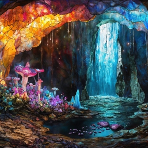 A vibrant and detailed fantasy photograph of an alien planet. Where every element appears meticulously crafted from iridescent stained glass. From a cave system, dominated by towering crystals, giant bioluminescent mushrooms, in all shapes and sizes, that glow in vibrant iridescent colors. A stream of iridescent blue water, flows down the center of the cave from a waterfall, off in the distance. The alien flora, vibrantly colored, attracting alien insects, like nothing you've ever seen. Glow worms hang down from the ceiling, emitting the entire spectrum of the rainbow in colors, they seem to dance and blend as if they are connected. Outside the cave system, the sky shimmers with a breathtaking aurora borealis that fills the sky, creating a cosmic spectacle of galaxies, nebulae, and radiant starlight, in this nighttime landscape.