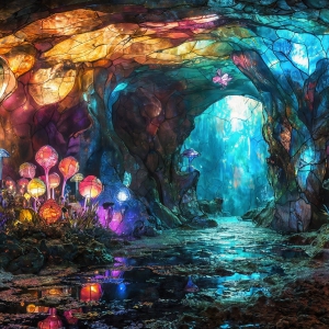 A vibrant and detailed fantasy photograph of an alien planet. Where every element appears meticulously crafted from iridescent stained glass. From a cave system, dominated by towering crystals, giant bioluminescent mushrooms, in all shapes and sizes, that glow in vibrant iridescent colors. A stream of iridescent blue water, flows down the center of the cave from a waterfall, off in the distance. The alien flora, vibrantly colored, attracting alien insects, like nothing you've ever seen. Glow worms hang down from the ceiling, emitting the entire spectrum of the rainbow in colors, they seem to dance and blend as if they are connected. Outside the cave system, the sky shimmers with a breathtaking aurora borealis that fills the sky, creating a cosmic spectacle of galaxies, nebulae, and radiant starlight, in this nighttime landscape.