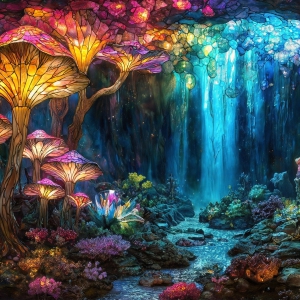 A vibrant and detailed fantasy photograph of an alien planet. Where every element appears meticulously crafted from iridescent stained glass. From a cave system, dominated by towering crystals, giant bioluminescent mushrooms, in all shapes and sizes, that glow in vibrant iridescent colors. A stream of iridescent blue water, flows down the center of the cave from a waterfall, off in the distance. The alien flora, vibrantly colored, attracting alien insects, like nothing you've ever seen. Glow worms hang down from the ceiling, emitting the entire spectrum of the rainbow in colors, they seem to dance and blend as if they are connected. Outside the cave system, the sky shimmers with a breathtaking aurora borealis that fills the sky, creating a cosmic spectacle of galaxies, nebulae, and radiant starlight, in this nighttime landscape.