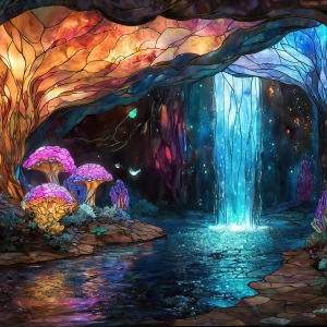 A vibrant and detailed fantasy photograph of an alien planet. Where every element appears meticulously crafted from iridescent stained glass. From a cave system, dominated by towering crystals, giant bioluminescent mushrooms, in all shapes and sizes, that glow in vibrant iridescent colors. A stream of iridescent blue water, flows down the center of the cave from a waterfall, off in the distance. The alien flora, vibrantly colored, attracting alien insects, like nothing you've ever seen. Glow worms hang down from the ceiling, emitting the entire spectrum of the rainbow in colors, they seem to dance and blend as if they are connected. Outside the cave system, the sky shimmers with a breathtaking aurora borealis that fills the sky, creating a cosmic spectacle of galaxies, nebulae, and radiant starlight, in this nighttime landscape.