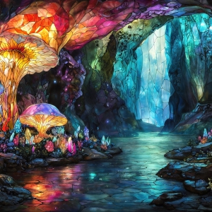 A vibrant and detailed fantasy photograph of an alien planet. Where every element appears meticulously crafted from iridescent stained glass. From a cave system, dominated by towering crystals, giant bioluminescent mushrooms, in all shapes and sizes, that glow in vibrant iridescent colors. A stream of iridescent blue water, flows down the center of the cave from a waterfall, off in the distance. The alien flora, vibrantly colored, attracting alien insects, like nothing you've ever seen. Glow worms hang down from the ceiling, emitting the entire spectrum of the rainbow in colors, they seem to dance and blend as if they are connected. Outside the cave system, the sky shimmers with a breathtaking aurora borealis that fills the sky, creating a cosmic spectacle of galaxies, nebulae, and radiant starlight, in this nighttime landscape.