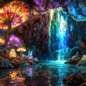 A vibrant and detailed fantasy photograph of an alien planet. Where every element appears meticulously crafted from iridescent stained glass. From a cave system, dominated by towering crystals, giant bioluminescent mushrooms, in all shapes and sizes, that glow in vibrant iridescent colors. A stream of iridescent blue water, flows down the center of the cave from a waterfall, off in the distance. The alien flora, vibrantly colored, attracting alien insects, like nothing you've ever seen. Glow worms hang down from the ceiling, emitting the entire spectrum of the rainbow in colors, they seem to dance and blend as if they are connected. Outside the cave system, the sky shimmers with a breathtaking aurora borealis that fills the sky, creating a cosmic spectacle of galaxies, nebulae, and radiant starlight, in this nighttime landscape.
