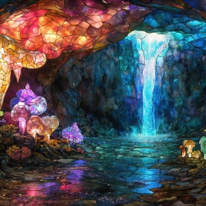 A vibrant and detailed fantasy photograph of an alien planet. Where every element appears meticulously crafted from iridescent stained glass. From a cave system, dominated by towering crystals, giant bioluminescent mushrooms, in all shapes and sizes, that glow in vibrant iridescent colors. A stream of iridescent blue water, flows down the center of the cave from a waterfall, off in the distance. The alien flora, vibrantly colored, attracting alien insects, like nothing you've ever seen. Glow worms hang down from the ceiling, emitting the entire spectrum of the rainbow in colors, they seem to dance and blend as if they are connected. Outside the cave system, the sky shimmers with a breathtaking aurora borealis that fills the sky, creating a cosmic spectacle of galaxies, nebulae, and radiant starlight, in this nighttime landscape.