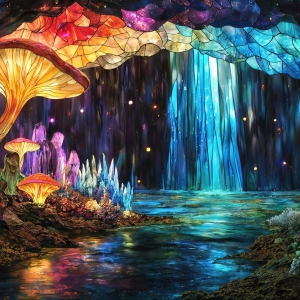 A vibrant and detailed fantasy photograph of an alien planet. Where every element appears meticulously crafted from iridescent stained glass. From a cave system, dominated by towering crystals, giant bioluminescent mushrooms, in all shapes and sizes, that glow in vibrant iridescent colors. A stream of iridescent blue water, flows down the center of the cave from a waterfall, off in the distance. The alien flora, vibrantly colored, attracting alien insects, like nothing you've ever seen. Glow worms hang down from the ceiling, emitting the entire spectrum of the rainbow in colors, they seem to dance and blend as if they are connected. Outside the cave system, the sky shimmers with a breathtaking aurora borealis that fills the sky, creating a cosmic spectacle of galaxies, nebulae, and radiant starlight, in this nighttime landscape.