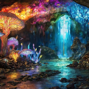 A vibrant and detailed fantasy photograph of an alien planet. Where every element appears meticulously crafted from iridescent stained glass. From a cave system, dominated by towering crystals, giant bioluminescent mushrooms, in all shapes and sizes, that glow in vibrant iridescent colors. A stream of iridescent blue water, flows down the center of the cave from a waterfall, off in the distance. The alien flora, vibrantly colored, attracting alien insects, like nothing you've ever seen. Glow worms hang down from the ceiling, emitting the entire spectrum of the rainbow in colors, they seem to dance and blend as if they are connected. Outside the cave system, the sky shimmers with a breathtaking aurora borealis that fills the sky, creating a cosmic spectacle of galaxies, nebulae, and radiant starlight, in this nighttime landscape.