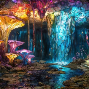 A vibrant and detailed fantasy photograph of an alien planet. Where every element appears meticulously crafted from iridescent stained glass. From a cave system, dominated by towering crystals, giant bioluminescent mushrooms, in all shapes and sizes, that glow in vibrant iridescent colors. A stream of iridescent blue water, flows down the center of the cave from a waterfall, off in the distance. The alien flora, vibrantly colored, attracting alien insects, like nothing you've ever seen. Glow worms hang down from the ceiling, emitting the entire spectrum of the rainbow in colors, they seem to dance and blend as if they are connected. Outside the cave system, the sky shimmers with a breathtaking aurora borealis that fills the sky, creating a cosmic spectacle of galaxies, nebulae, and radiant starlight, in this nighttime landscape.