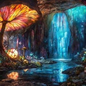A vibrant and detailed fantasy photograph of an alien planet. Where every element appears meticulously crafted from iridescent stained glass. From a cave system, dominated by towering crystals, giant bioluminescent mushrooms, in all shapes and sizes, that glow in vibrant iridescent colors. A stream of iridescent blue water, flows down the center of the cave from a waterfall, off in the distance. The alien flora, vibrantly colored, attracting alien insects, like nothing you've ever seen. Glow worms hang down from the ceiling, emitting the entire spectrum of the rainbow in colors, they seem to dance and blend as if they are connected. Outside the cave system, the sky shimmers with a breathtaking aurora borealis that fills the sky, creating a cosmic spectacle of galaxies, nebulae, and radiant starlight, in this nighttime landscape.