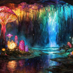 A vibrant and detailed fantasy photograph of an alien planet. Where every element appears meticulously crafted from iridescent stained glass. From a cave system, dominated by towering crystals, giant bioluminescent mushrooms, in all shapes and sizes, that glow in vibrant iridescent colors. A stream of iridescent blue water, flows down the center of the cave from a waterfall, off in the distance. The alien flora, vibrantly colored, attracting alien insects, like nothing you've ever seen. Glow worms hang down from the ceiling, emitting the entire spectrum of the rainbow in colors, they seem to dance and blend as if they are connected. Outside the cave system, the sky shimmers with a breathtaking aurora borealis that fills the sky, creating a cosmic spectacle of galaxies, nebulae, and radiant starlight, in this nighttime landscape.