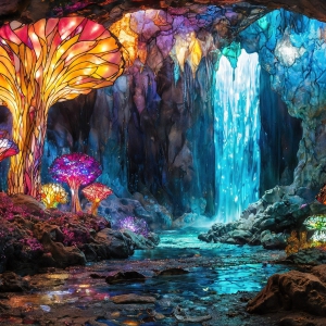 A vibrant and detailed fantasy photograph of an alien planet. Where every element appears meticulously crafted from iridescent stained glass. From a cave system, dominated by towering crystals, giant bioluminescent mushrooms, in all shapes and sizes, that glow in vibrant iridescent colors. A stream of iridescent blue water, flows down the center of the cave from a waterfall, off in the distance. The alien flora, vibrantly colored, attracting alien insects, like nothing you've ever seen. Glow worms hang down from the ceiling, emitting the entire spectrum of the rainbow in colors, they seem to dance and blend as if they are connected. Outside the cave system, the sky shimmers with a breathtaking aurora borealis that fills the sky, creating a cosmic spectacle of galaxies, nebulae, and radiant starlight, in this nighttime landscape.