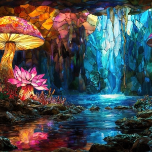 A vibrant and detailed fantasy photograph of an alien planet. Where every element appears meticulously crafted from iridescent stained glass. From a cave system, dominated by towering crystals, giant bioluminescent mushrooms, in all shapes and sizes, that glow in vibrant iridescent colors. A stream of iridescent blue water, flows down the center of the cave from a waterfall, off in the distance. The alien flora, vibrantly colored, attracting alien insects, like nothing you've ever seen. Glow worms hang down from the ceiling, emitting the entire spectrum of the rainbow in colors, they seem to dance and blend as if they are connected. Outside the cave system, the sky shimmers with a breathtaking aurora borealis that fills the sky, creating a cosmic spectacle of galaxies, nebulae, and radiant starlight, in this nighttime landscape.