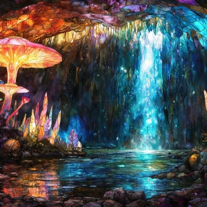 A vibrant and detailed fantasy photograph of an alien planet. Where every element appears meticulously crafted from iridescent stained glass. From a cave system, dominated by towering crystals, giant bioluminescent mushrooms, in all shapes and sizes, that glow in vibrant iridescent colors. A stream of iridescent blue water, flows down the center of the cave from a waterfall, off in the distance. The alien flora, vibrantly colored, attracting alien insects, like nothing you've ever seen. Glow worms hang down from the ceiling, emitting the entire spectrum of the rainbow in colors, they seem to dance and blend as if they are connected. Outside the cave system, the sky shimmers with a breathtaking aurora borealis that fills the sky, creating a cosmic spectacle of galaxies, nebulae, and radiant starlight, in this nighttime landscape.