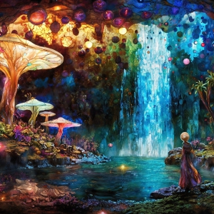 A vibrant and detailed fantasy photograph of an alien planet. Where every element appears meticulously crafted from iridescent stained glass. From a cave system, dominated by towering crystals, giant bioluminescent mushrooms, in all shapes and sizes, that glow in vibrant iridescent colors. A stream of iridescent blue water, flows down the center of the cave from a waterfall, off in the distance. The alien flora, vibrantly colored, attracting alien insects, like nothing you've ever seen. Glow worms hang down from the ceiling, emitting the entire spectrum of the rainbow in colors, they seem to dance and blend as if they are connected. Outside the cave system, the sky shimmers with a breathtaking aurora borealis that fills the sky, creating a cosmic spectacle of galaxies, nebulae, and radiant starlight, in this nighttime landscape.