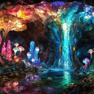 A vibrant and detailed fantasy photograph of an alien planet. Where every element appears meticulously crafted from iridescent stained glass. From a cave system, dominated by towering crystals, giant bioluminescent mushrooms, in all shapes and sizes, that glow in vibrant iridescent colors. A stream of iridescent blue water, flows down the center of the cave from a waterfall, off in the distance. The alien flora, vibrantly colored, attracting alien insects, like nothing you've ever seen. Glow worms hang down from the ceiling, emitting the entire spectrum of the rainbow in colors, they seem to dance and blend as if they are connected. Outside the cave system, the sky shimmers with a breathtaking aurora borealis that fills the sky, creating a cosmic spectacle of galaxies, nebulae, and radiant starlight, in this nighttime landscape.