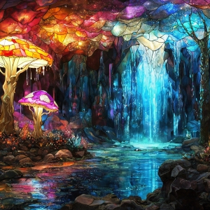 A vibrant and detailed fantasy photograph of an alien planet. Where every element appears meticulously crafted from iridescent stained glass. From a cave system, dominated by towering crystals, giant bioluminescent mushrooms, in all shapes and sizes, that glow in vibrant iridescent colors. A stream of iridescent blue water, flows down the center of the cave from a waterfall, off in the distance. The alien flora, vibrantly colored, attracting alien insects, like nothing you've ever seen. Glow worms hang down from the ceiling, emitting the entire spectrum of the rainbow in colors, they seem to dance and blend as if they are connected. Outside the cave system, the sky shimmers with a breathtaking aurora borealis that fills the sky, creating a cosmic spectacle of galaxies, nebulae, and radiant starlight, in this nighttime landscape.