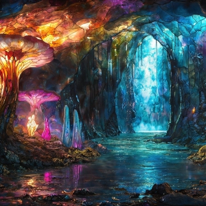 A vibrant and detailed fantasy photograph of an alien planet. Where every element appears meticulously crafted from iridescent stained glass. From a cave system, dominated by towering crystals, giant bioluminescent mushrooms, in all shapes and sizes, that glow in vibrant iridescent colors. A stream of iridescent blue water, flows down the center of the cave from a waterfall, off in the distance. The alien flora, vibrantly colored, attracting alien insects, like nothing you've ever seen. Glow worms hang down from the ceiling, emitting the entire spectrum of the rainbow in colors, they seem to dance and blend as if they are connected. Outside the cave system, the sky shimmers with a breathtaking aurora borealis that fills the sky, creating a cosmic spectacle of galaxies, nebulae, and radiant starlight, in this nighttime landscape.