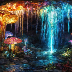 A vibrant and detailed fantasy photograph of an alien planet. Where every element appears meticulously crafted from iridescent stained glass. From a cave system, dominated by towering crystals, giant bioluminescent mushrooms, in all shapes and sizes, that glow in vibrant iridescent colors. A stream of iridescent blue water, flows down the center of the cave from a waterfall, off in the distance. The alien flora, vibrantly colored, attracting alien insects, like nothing you've ever seen. Glow worms hang down from the ceiling, emitting the entire spectrum of the rainbow in colors, they seem to dance and blend as if they are connected. Outside the cave system, the sky shimmers with a breathtaking aurora borealis that fills the sky, creating a cosmic spectacle of galaxies, nebulae, and radiant starlight, in this nighttime landscape.