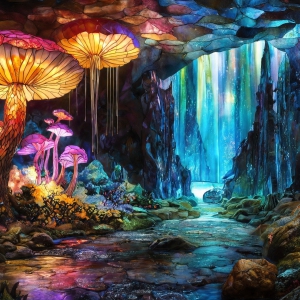 A vibrant and detailed fantasy photograph of an alien planet. Where every element appears meticulously crafted from iridescent stained glass. From a cave system, dominated by towering crystals, giant bioluminescent mushrooms, in all shapes and sizes, that glow in vibrant iridescent colors. A stream of iridescent blue water, flows down the center of the cave from a waterfall, off in the distance. The alien flora, vibrantly colored, attracting alien insects, like nothing you've ever seen. Glow worms hang down from the ceiling, emitting the entire spectrum of the rainbow in colors, they seem to dance and blend as if they are connected. Outside the cave system, the sky shimmers with a breathtaking aurora borealis that fills the sky, creating a cosmic spectacle of galaxies, nebulae, and radiant starlight, in this nighttime landscape.
