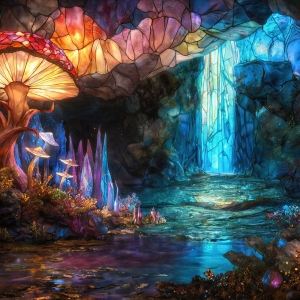 A vibrant and detailed fantasy photograph of an alien planet. Where every element appears meticulously crafted from iridescent stained glass. From a cave system, dominated by towering crystals, giant bioluminescent mushrooms, in all shapes and sizes, that glow in vibrant iridescent colors. A stream of iridescent blue water, flows down the center of the cave from a waterfall, off in the distance. The alien flora, vibrantly colored, attracting alien insects, like nothing you've ever seen. Glow worms hang down from the ceiling, emitting the entire spectrum of the rainbow in colors, they seem to dance and blend as if they are connected. Outside the cave system, the sky shimmers with a breathtaking aurora borealis that fills the sky, creating a cosmic spectacle of galaxies, nebulae, and radiant starlight, in this nighttime landscape.