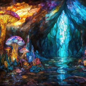 A vibrant and detailed fantasy photograph of an alien planet. Where every element appears meticulously crafted from iridescent stained glass. From a cave system, dominated by towering crystals, giant bioluminescent mushrooms, in all shapes and sizes, that glow in vibrant iridescent colors. A stream of iridescent blue water, flows down the center of the cave from a waterfall, off in the distance. The alien flora, vibrantly colored, attracting alien insects, like nothing you've ever seen. Glow worms hang down from the ceiling, emitting the entire spectrum of the rainbow in colors, they seem to dance and blend as if they are connected. Outside the cave system, the sky shimmers with a breathtaking aurora borealis that fills the sky, creating a cosmic spectacle of galaxies, nebulae, and radiant starlight, in this nighttime landscape.