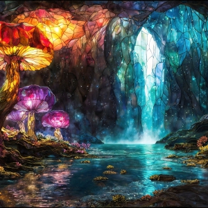 A vibrant and detailed fantasy photograph of an alien planet. Where every element appears meticulously crafted from iridescent stained glass. From a cave system, dominated by towering crystals, giant bioluminescent mushrooms, in all shapes and sizes, that glow in vibrant iridescent colors. A stream of iridescent blue water, flows down the center of the cave from a waterfall, off in the distance. The alien flora, vibrantly colored, attracting alien insects, like nothing you've ever seen. Glow worms hang down from the ceiling, emitting the entire spectrum of the rainbow in colors, they seem to dance and blend as if they are connected. Outside the cave system, the sky shimmers with a breathtaking aurora borealis that fills the sky, creating a cosmic spectacle of galaxies, nebulae, and radiant starlight, in this nighttime landscape.