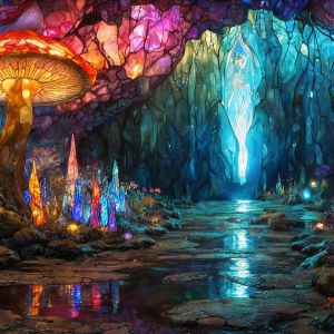 A vibrant and detailed fantasy photograph of an alien planet. Where every element appears meticulously crafted from iridescent stained glass. From a cave system, dominated by towering crystals, giant bioluminescent mushrooms, in all shapes and sizes, that glow in vibrant iridescent colors. A stream of iridescent blue water, flows down the center of the cave from a waterfall, off in the distance. The alien flora, vibrantly colored, attracting alien insects, like nothing you've ever seen. Glow worms hang down from the ceiling, emitting the entire spectrum of the rainbow in colors, they seem to dance and blend as if they are connected. Outside the cave system, the sky shimmers with a breathtaking aurora borealis that fills the sky, creating a cosmic spectacle of galaxies, nebulae, and radiant starlight, in this nighttime landscape.
