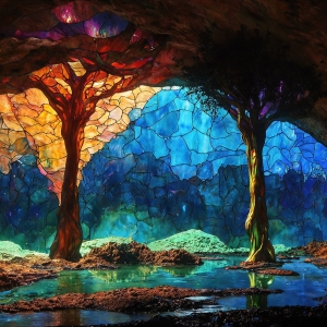 A vibrant and detailed fantasy photograph of an alien planet. Where every element appears meticulously crafted from iridescent stained glass. From a cave system, dominated by towering crystals, giant bioluminescent mushrooms, in all shapes and sizes, that glow in vibrant iridescent colors. A stream of iridescent blue water, flows down the center of the cave from a waterfall, off in the distance. The alien flora, vibrantly colored, attracting alien insects, like nothing you've ever seen. Glow worms hang down from the ceiling, emitting the entire spectrum of the rainbow in colors, they seem to dance and blend as if they are connected. Outside the cave system, the sky shimmers with a breathtaking aurora borealis that fills the sky, creating a cosmic spectacle of galaxies, nebulae, and radiant starlight, in this nighttime landscape.