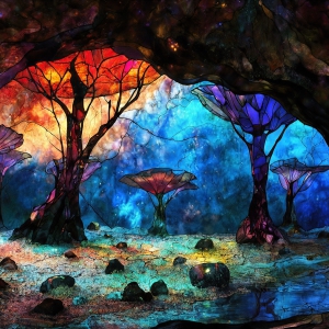A vibrant and detailed fantasy photograph of an alien planet. Where every element appears meticulously crafted from iridescent stained glass. From a cave system, dominated by towering crystals, giant bioluminescent mushrooms, in all shapes and sizes, that glow in vibrant iridescent colors. A stream of iridescent blue water, flows down the center of the cave from a waterfall, off in the distance. The alien flora, vibrantly colored, attracting alien insects, like nothing you've ever seen. Glow worms hang down from the ceiling, emitting the entire spectrum of the rainbow in colors, they seem to dance and blend as if they are connected. Outside the cave system, the sky shimmers with a breathtaking aurora borealis that fills the sky, creating a cosmic spectacle of galaxies, nebulae, and radiant starlight, in this nighttime landscape.